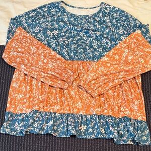 Elegant Floral Women's Blouse in Blue and Orange